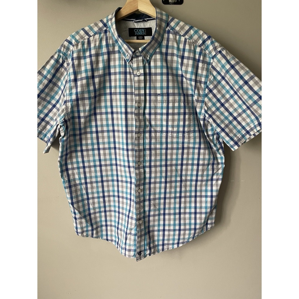 Cody James Men's Short Sleeve Button-Up Shirt Size L Blue, Front Pocket Western